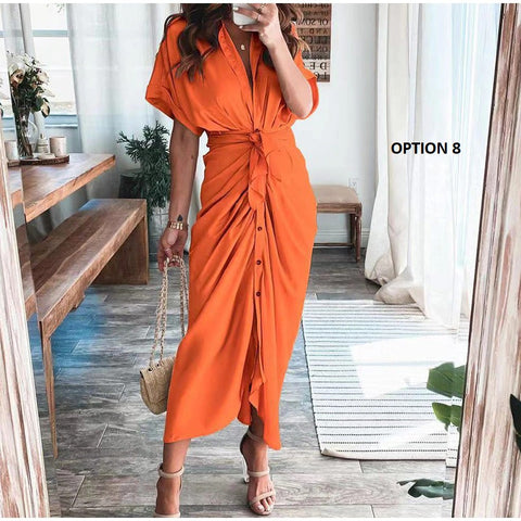 Elegant  Casual Short Sleeve Solid V Neck Beach Button Ruched Bandage Shirt Dress CODE: KAR1163