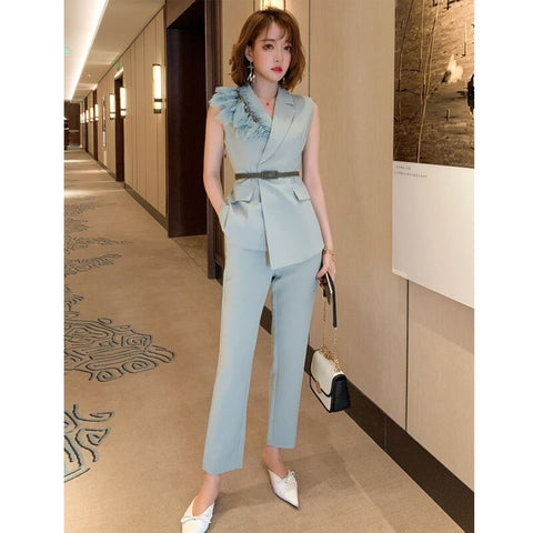 New Elegant Long Pants Bow Tie Belt With Ruffles Vest Set CODE: KAR1167