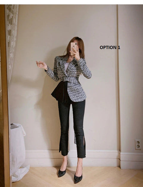 Patchwork Long Sleeve Slim Fitted Notched with Belt Woolen Outwear CODE: KAR1168