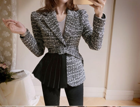 Patchwork Long Sleeve Slim Fitted Notched with Belt Woolen Outwear CODE: KAR1168