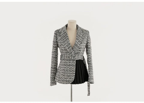 Patchwork Long Sleeve Slim Fitted Notched with Belt Woolen Outwear CODE: KAR1168