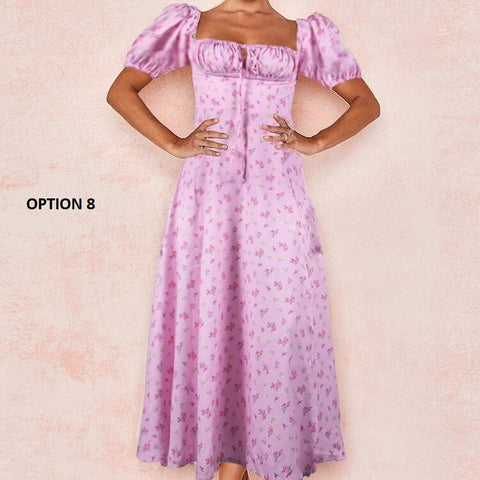 Floral Print Slit Elegant Short Puff Sleeve Maxi Dress CODE: KAR1173