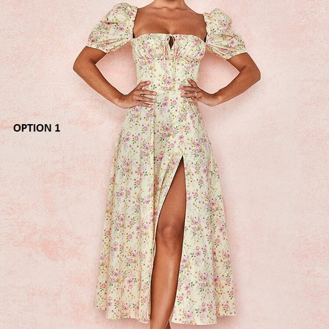 Floral Print Slit Elegant Short Puff Sleeve Maxi Dress CODE: KAR1173