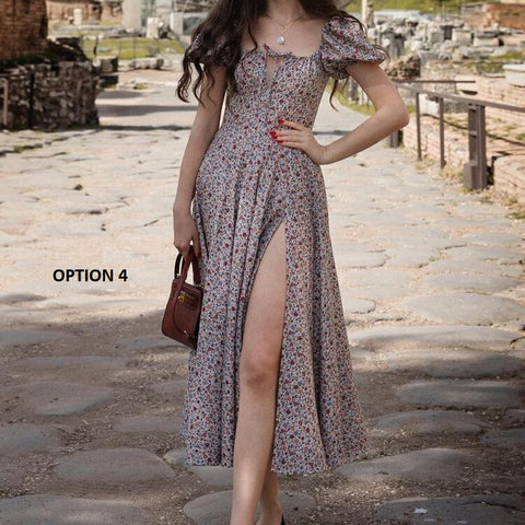 Floral Print Slit Elegant Short Puff Sleeve Maxi Dress CODE: KAR1173