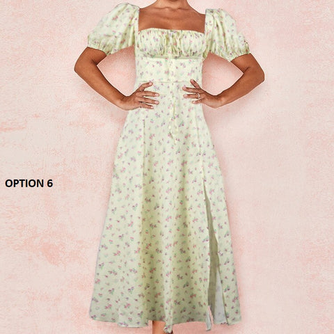 Floral Print Slit Elegant Short Puff Sleeve Maxi Dress CODE: KAR1173