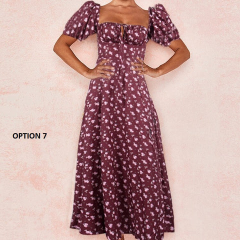 Floral Print Slit Elegant Short Puff Sleeve Maxi Dress CODE: KAR1173