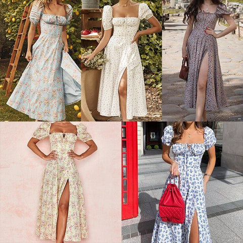 Floral Print Slit Elegant Short Puff Sleeve Maxi Dress CODE: KAR1173