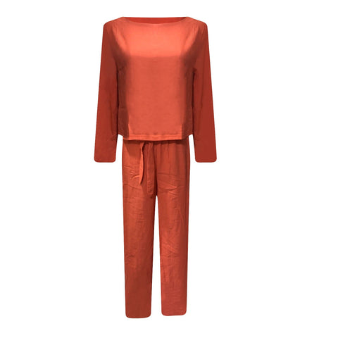 New Solid Color Long Sleeve Linen Round Neck Blouse and Pant Set CODE: KAR1174