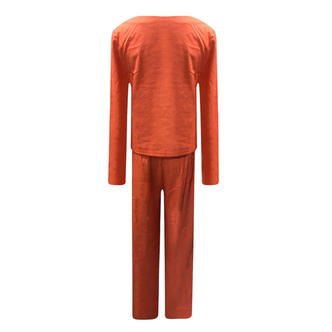 New Solid Color Long Sleeve Linen Round Neck Blouse and Pant Set CODE: KAR1174