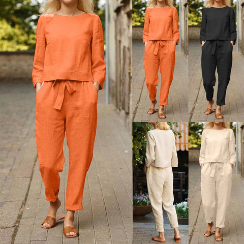 New Solid Color Long Sleeve Linen Round Neck Blouse and Pant Set CODE: KAR1174