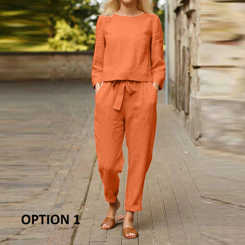 New Solid Color Long Sleeve Linen Round Neck Blouse and Pant Set CODE: KAR1174