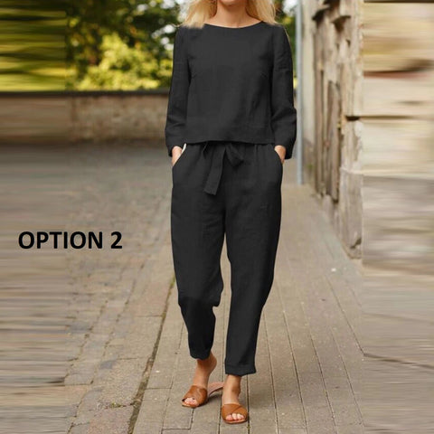 New Solid Color Long Sleeve Linen Round Neck Blouse and Pant Set CODE: KAR1174