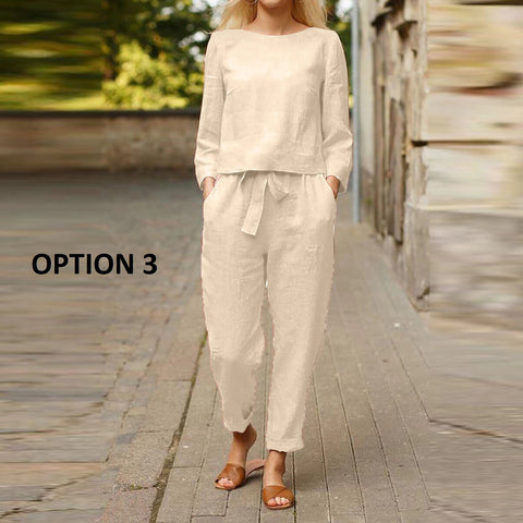 New Solid Color Long Sleeve Linen Round Neck Blouse and Pant Set CODE: KAR1174