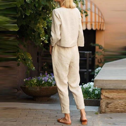New Solid Color Long Sleeve Linen Round Neck Blouse and Pant Set CODE: KAR1174