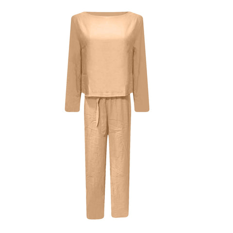 New Solid Color Long Sleeve Linen Round Neck Blouse and Pant Set CODE: KAR1174