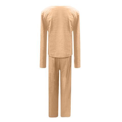 New Solid Color Long Sleeve Linen Round Neck Blouse and Pant Set CODE: KAR1174
