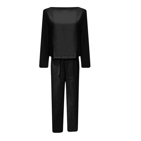 New Solid Color Long Sleeve Linen Round Neck Blouse and Pant Set CODE: KAR1174
