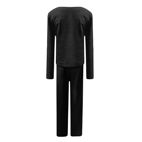 New Solid Color Long Sleeve Linen Round Neck Blouse and Pant Set CODE: KAR1174