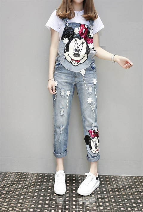 New Spring Fashion Loose Heavyweight Work Pants With Mickey Cartoon Denim Overalls CODE: KAR1175