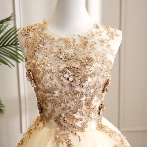 New Design, Round Neck, Sleeveless, Champagne, With Gold Lace Puffy Tulle Ball Gown CODE: KAR1180