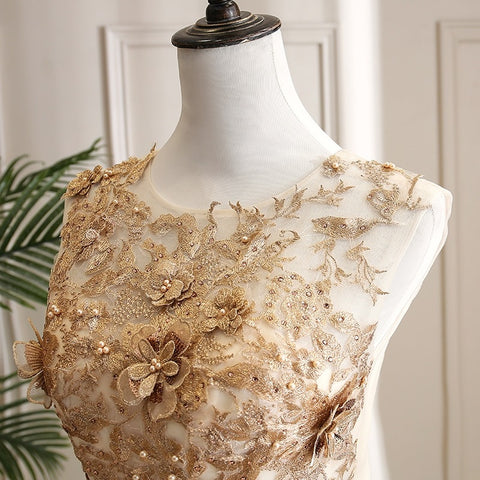 New Design, Round Neck, Sleeveless, Champagne, With Gold Lace Puffy Tulle Ball Gown CODE: KAR1180