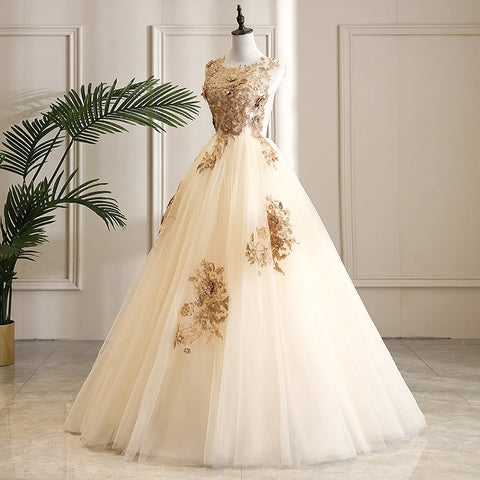 New Design, Round Neck, Sleeveless, Champagne, With Gold Lace Puffy Tulle Ball Gown CODE: KAR1180
