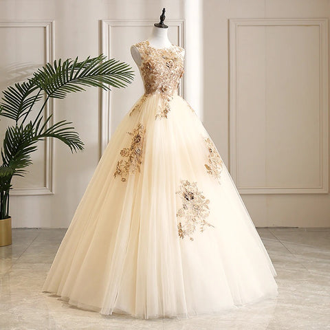New Design, Round Neck, Sleeveless, Champagne, With Gold Lace Puffy Tulle Ball Gown CODE: KAR1180