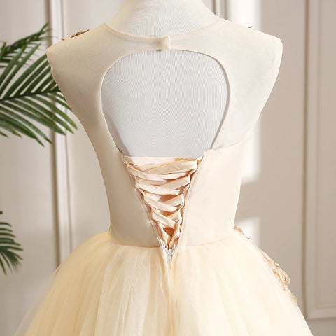 New Design, Round Neck, Sleeveless, Champagne, With Gold Lace Puffy Tulle Ball Gown CODE: KAR1180