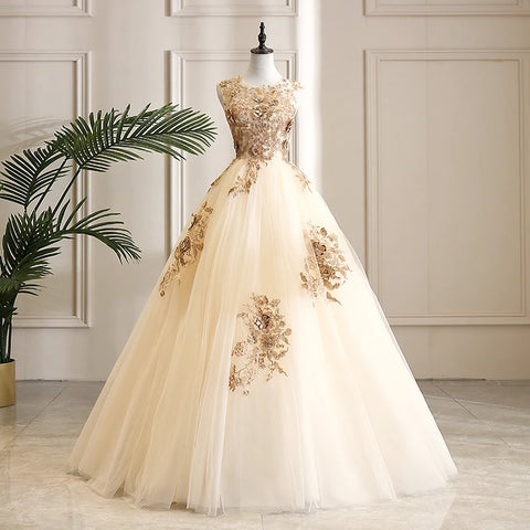 New Design, Round Neck, Sleeveless, Champagne, With Gold Lace Puffy Tulle Ball Gown CODE: KAR1180