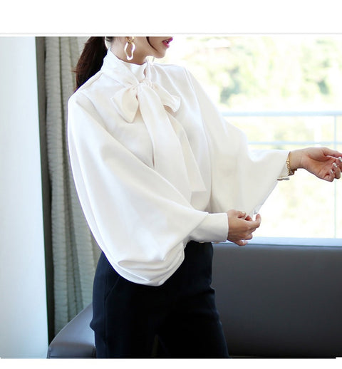 New elegant, bow collar, Lantern sleeve satin shirt CODE: KAR1182