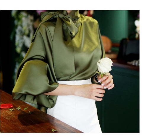 New elegant, bow collar, Lantern sleeve satin shirt CODE: KAR1182