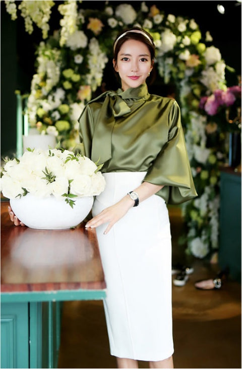 New elegant, bow collar, Lantern sleeve satin shirt CODE: KAR1182