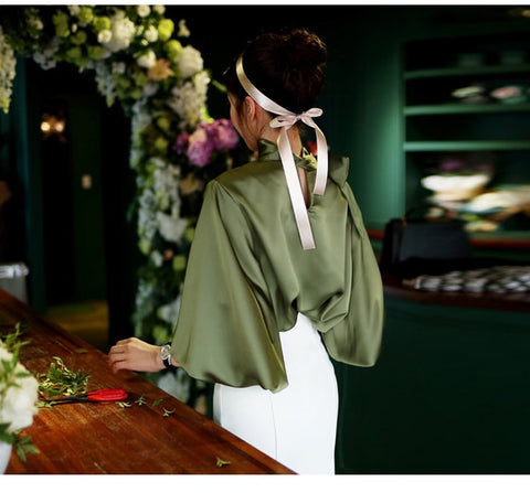 New elegant, bow collar, Lantern sleeve satin shirt CODE: KAR1182