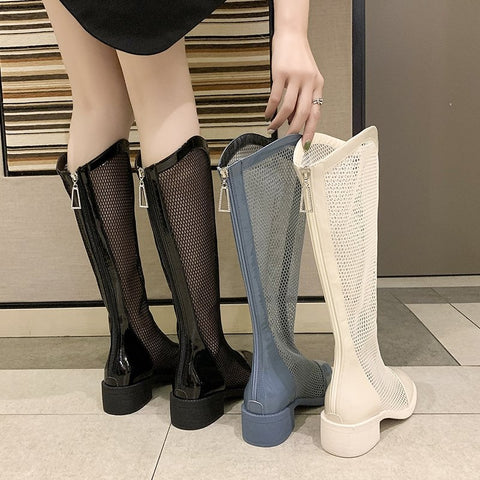 Sexy Breathable Block Heel Patent Leather Knee High Boots CODE: KAR1187