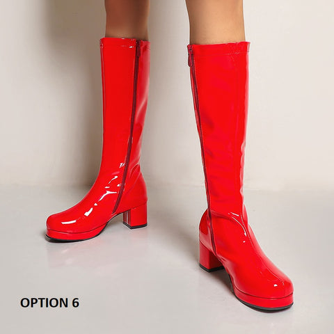 thick heel long with zipper, bright colors, party waterproof leather high boot CODE: KAR1188