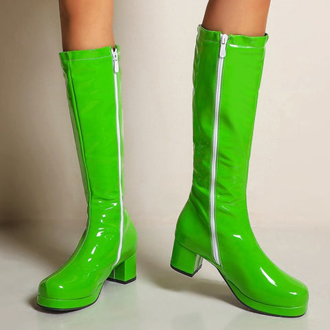 thick heel long with zipper, bright colors, party waterproof leather high boot CODE: KAR1188