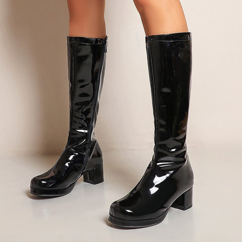 thick heel long with zipper, bright colors, party waterproof leather high boot CODE: KAR1188
