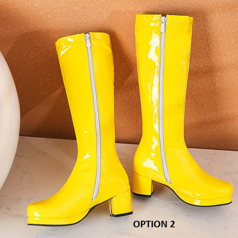 thick heel long with zipper, bright colors, party waterproof leather high boot CODE: KAR1188