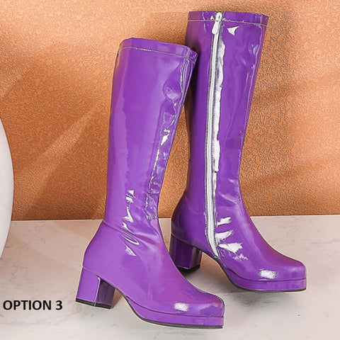 thick heel long with zipper, bright colors, party waterproof leather high boot CODE: KAR1188