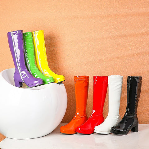 thick heel long with zipper, bright colors, party waterproof leather high boot CODE: KAR1188