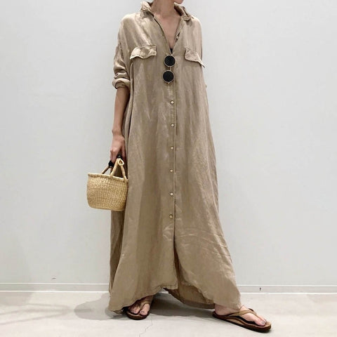 New Casual Slim Fit, Lapel, Solid Color, Loose, Single Breasted Shirt Style Long Dress CODE: KAR1189