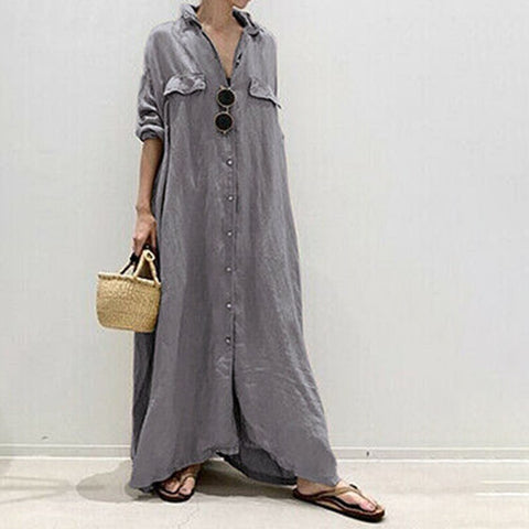 New Casual Slim Fit, Lapel, Solid Color, Loose, Single Breasted Shirt Style Long Dress CODE: KAR1189