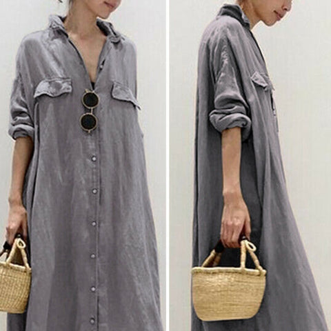 New Casual Slim Fit, Lapel, Solid Color, Loose, Single Breasted Shirt Style Long Dress CODE: KAR1189