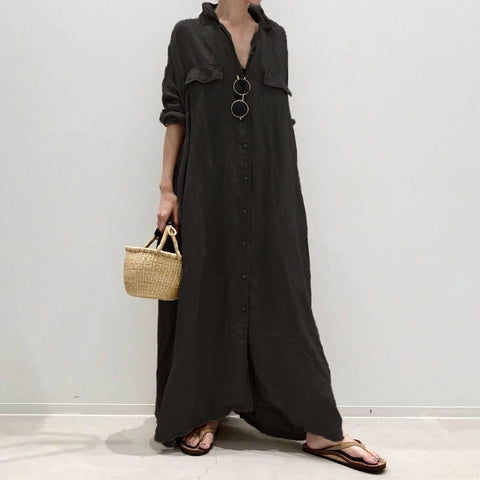 New Casual Slim Fit, Lapel, Solid Color, Loose, Single Breasted Shirt Style Long Dress CODE: KAR1189