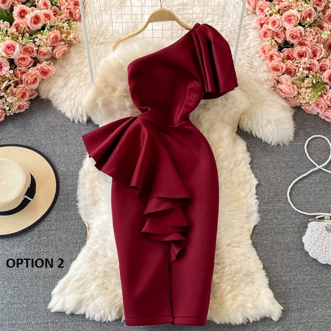 New Casual Sexy  Off Shoulder, Diagonal, High Waist, Irregular Ruffles, Bodycon Party Dress CODE: KAR1190