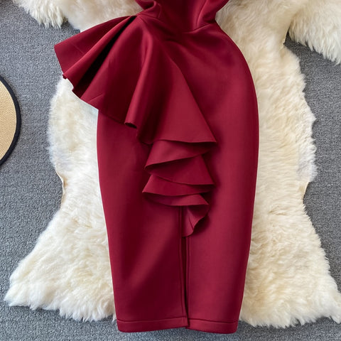 New Casual Sexy  Off Shoulder, Diagonal, High Waist, Irregular Ruffles, Bodycon Party Dress CODE: KAR1190