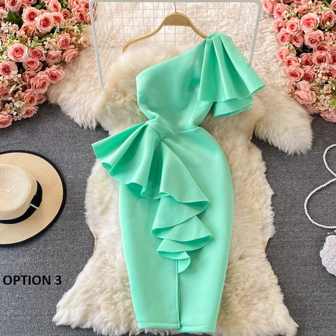 New Casual Sexy  Off Shoulder, Diagonal, High Waist, Irregular Ruffles, Bodycon Party Dress CODE: KAR1190