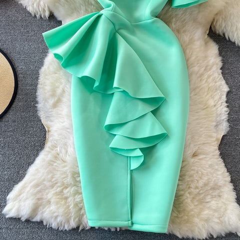 New Casual Sexy  Off Shoulder, Diagonal, High Waist, Irregular Ruffles, Bodycon Party Dress CODE: KAR1190