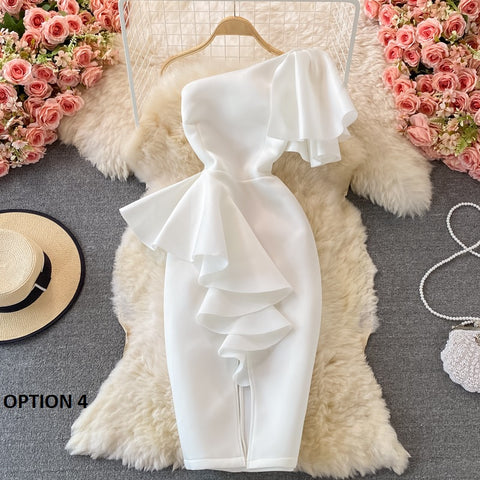 New Casual Sexy  Off Shoulder, Diagonal, High Waist, Irregular Ruffles, Bodycon Party Dress CODE: KAR1190