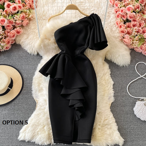 New Casual Sexy  Off Shoulder, Diagonal, High Waist, Irregular Ruffles, Bodycon Party Dress CODE: KAR1190